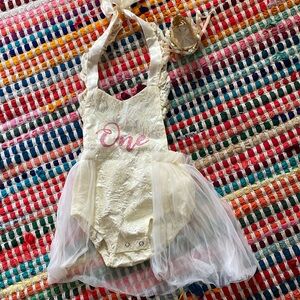 One year old birthday princess outfit with tiara crown off white and pink